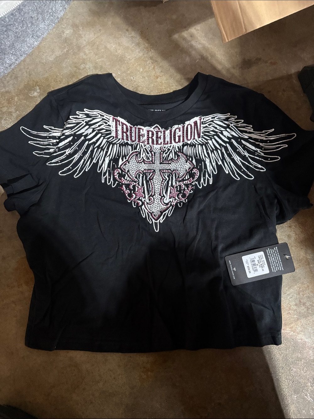 True Religion Black Tee with White Winged Crest and Pink Accents